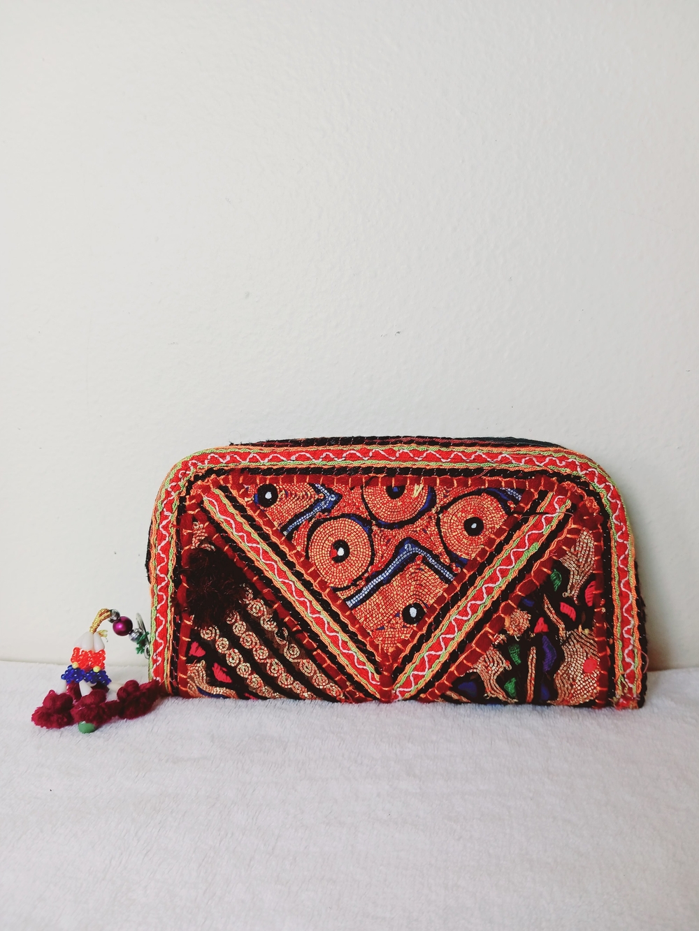 Embroidered Red Tribal Zip Wallet - Women's Bag